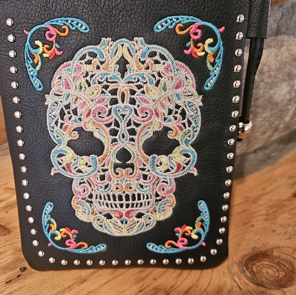 Embroidered Sugar Skull Black Crossbody Bag